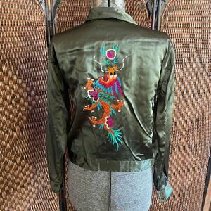 Size S//Vintage 50s Green Satin Embroidered Souvenir Jacket